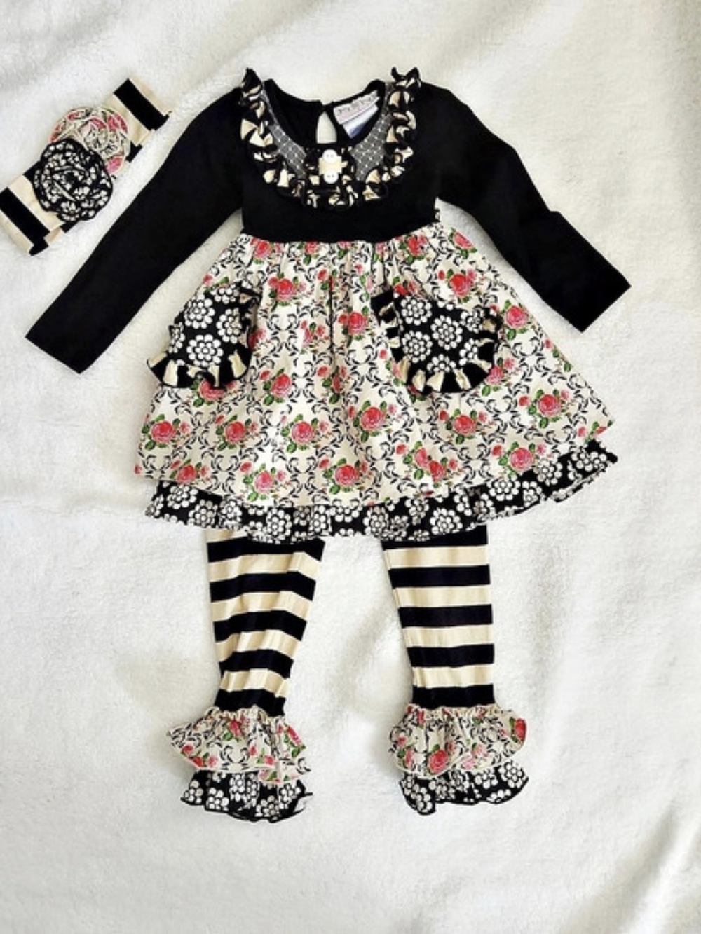 Serendipity Clothing Co. Black French Floral & Cream Stripe 3-Piece Ruffle Set